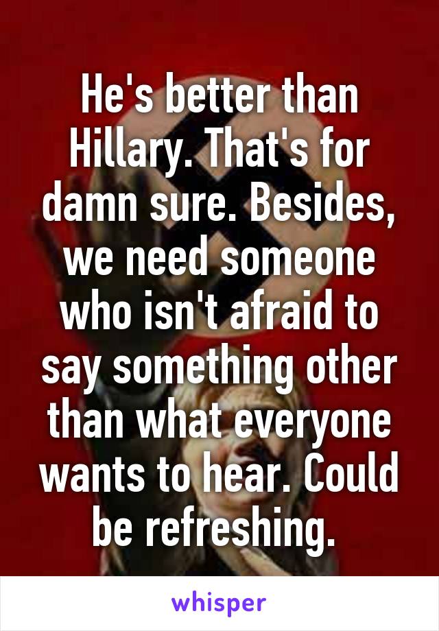 He's better than Hillary. That's for damn sure. Besides, we need someone who isn't afraid to say something other than what everyone wants to hear. Could be refreshing. 