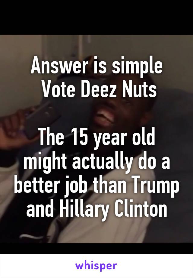 Answer is simple
 Vote Deez Nuts

The 15 year old might actually do a better job than Trump and Hillary Clinton