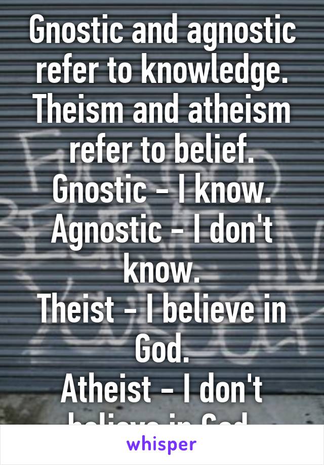 Gnostic and agnostic refer to knowledge.
Theism and atheism refer to belief.
Gnostic - I know.
Agnostic - I don't know.
Theist - I believe in God.
Atheist - I don't believe in God.