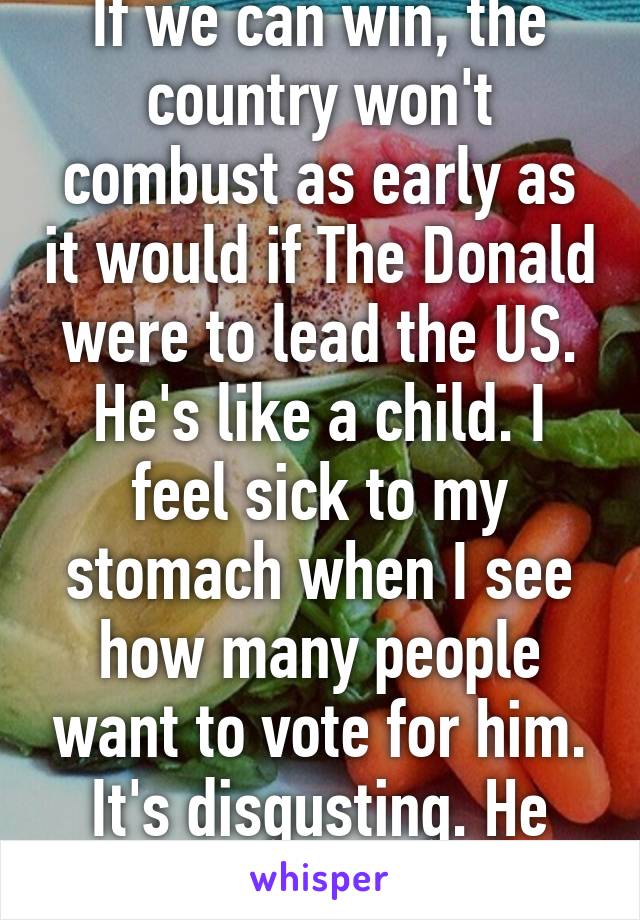 I'm with you on that. If we can win, the country won't combust as early as it would if The Donald were to lead the US. He's like a child. I feel sick to my stomach when I see how many people want to vote for him. It's disgusting. He looks like a carrot, but not healthyFuck