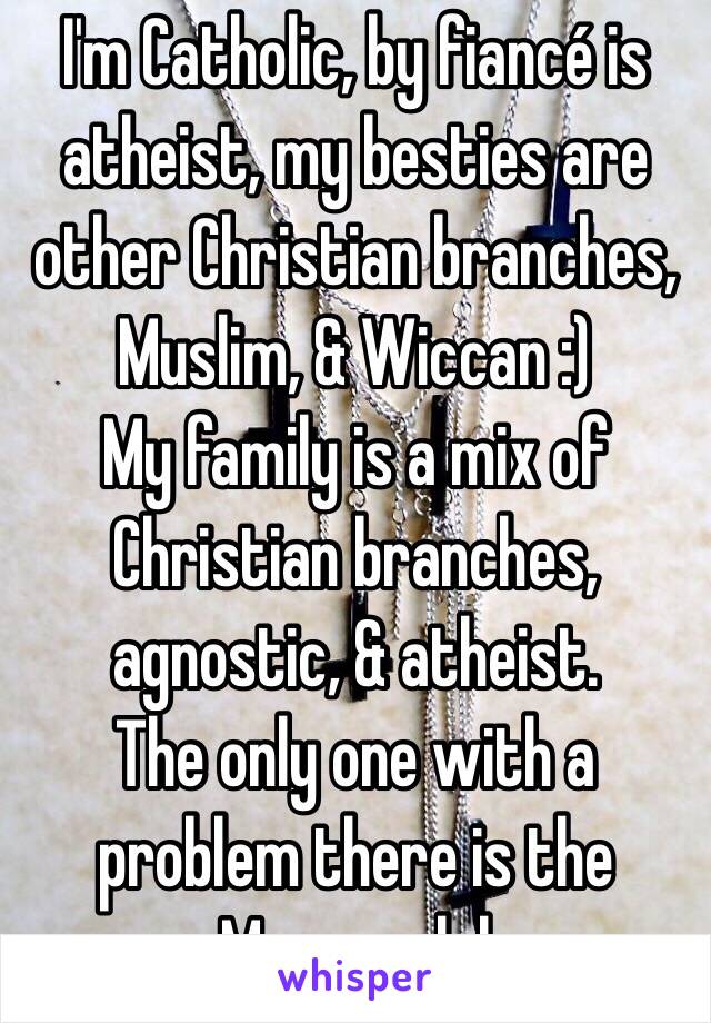 I'm Catholic, by fiancé is atheist, my besties are other Christian branches, Muslim, & Wiccan :)
My family is a mix of Christian branches, agnostic, & atheist. 
The only one with a problem there is the Mormon lol