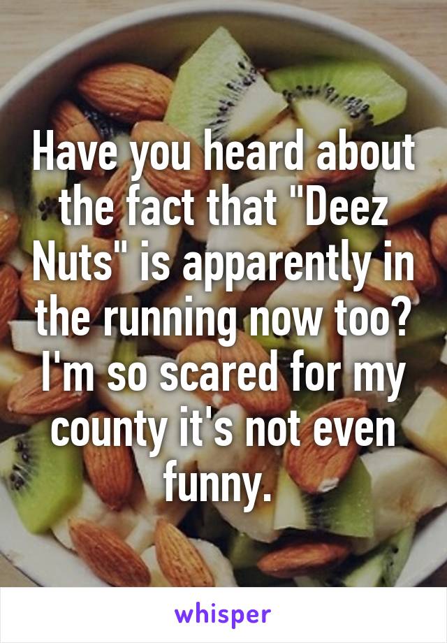 Have you heard about the fact that "Deez Nuts" is apparently in the running now too? I'm so scared for my county it's not even funny. 