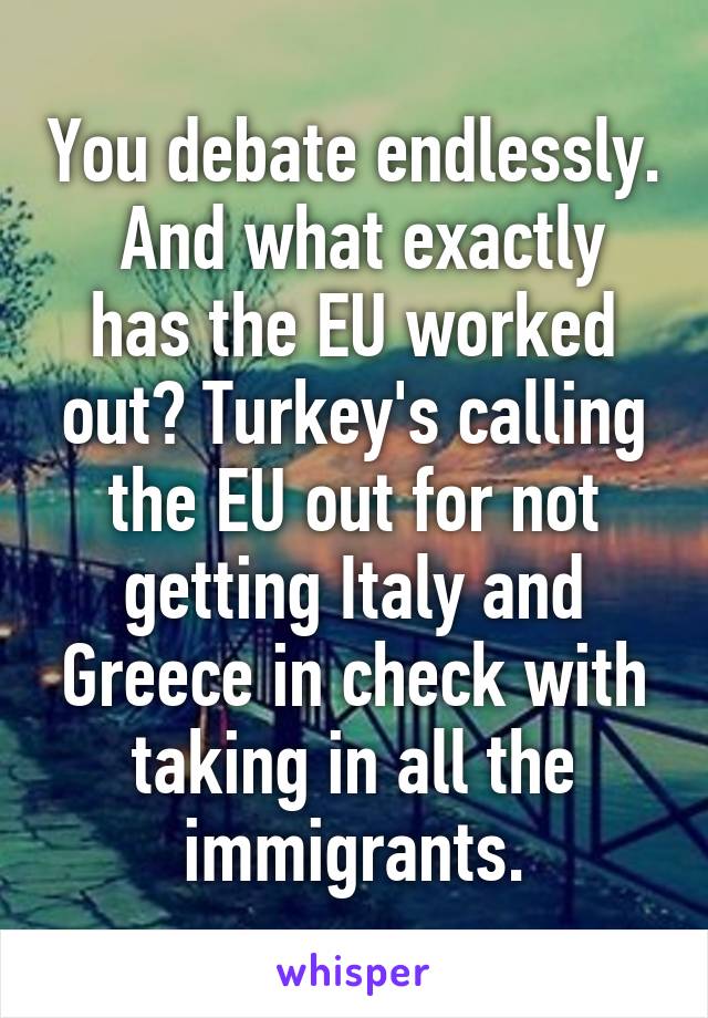 You debate endlessly.  And what exactly has the EU worked out? Turkey's calling the EU out for not getting Italy and Greece in check with taking in all the immigrants.