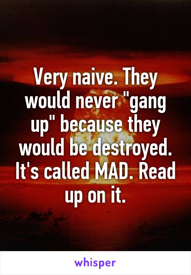 Very naive. They would never "gang up" because they would be destroyed. It's called MAD. Read up on it.