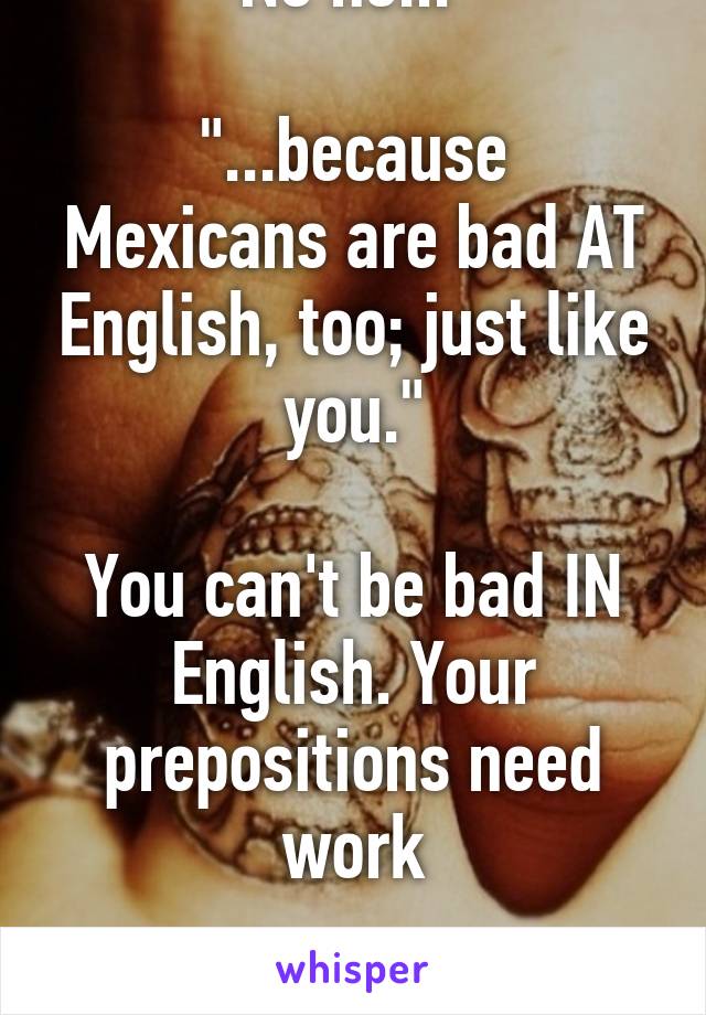 No no... 

"...because Mexicans are bad AT English, too; just like you."

You can't be bad IN English. Your prepositions need work

