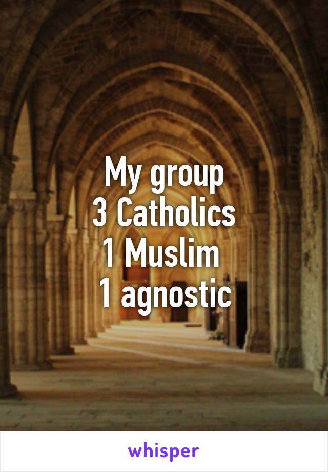 My group
3 Catholics
1 Muslim 
1 agnostic