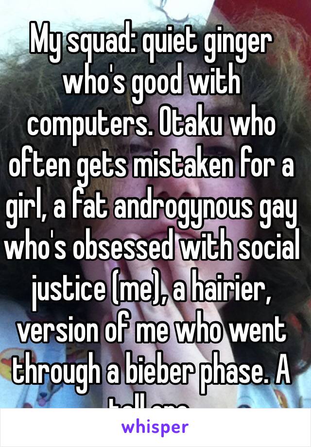 My squad: quiet ginger who's good with computers. Otaku who often gets mistaken for a girl, a fat androgynous gay who's obsessed with social justice (me), a hairier,  version of me who went through a bieber phase. A tall one. 