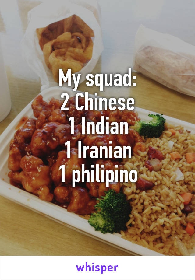 My squad:
2 Chinese
1 Indian
1 Iranian
1 philipino
