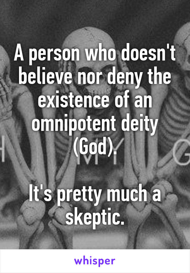 A person who doesn't believe nor deny the existence of an omnipotent deity (God).

It's pretty much a skeptic.