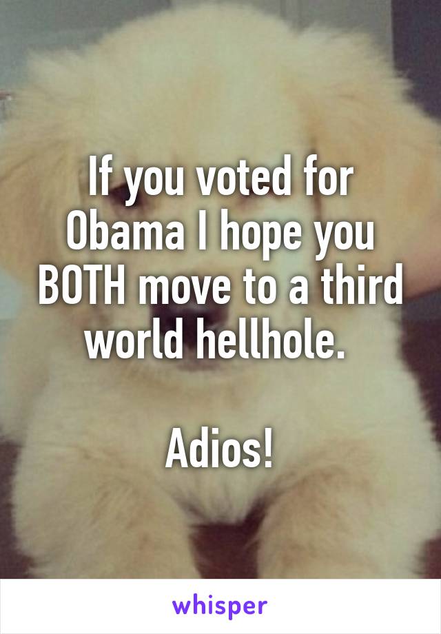 If you voted for Obama I hope you BOTH move to a third world hellhole. 

Adios!