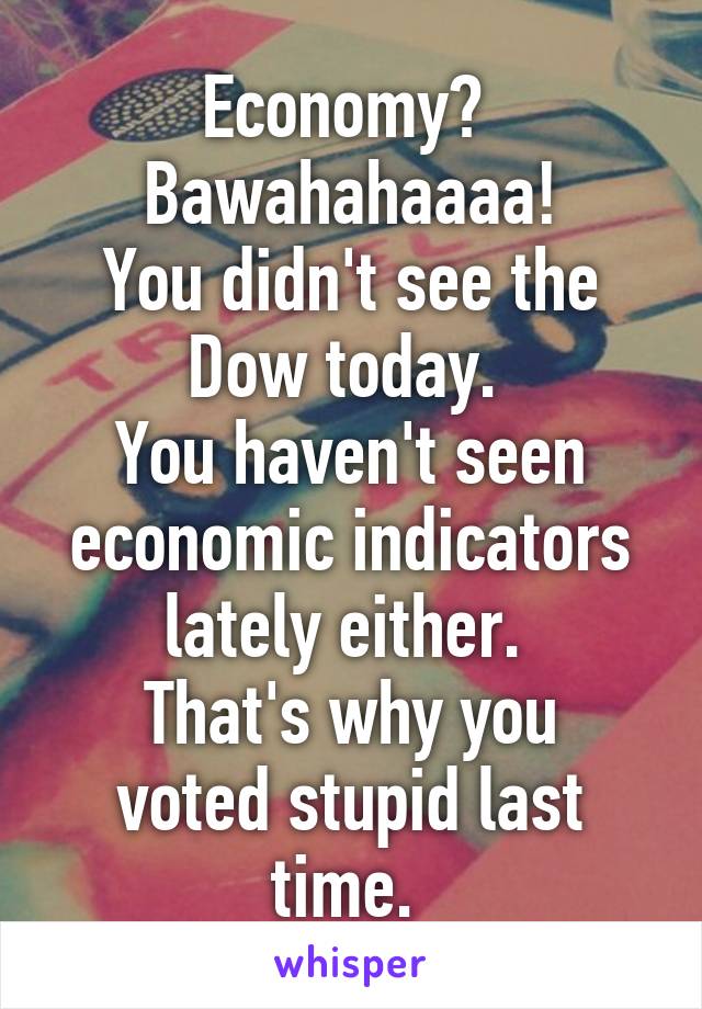 Economy? 
Bawahahaaaa!
You didn't see the Dow today. 
You haven't seen economic indicators lately either. 
That's why you voted stupid last time. 