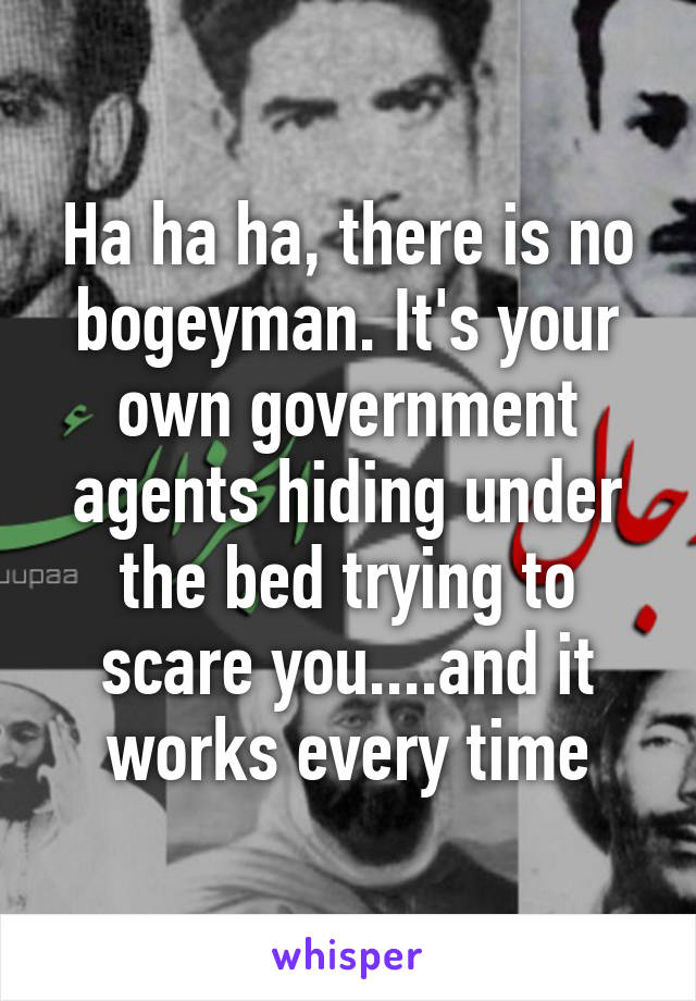 Ha ha ha, there is no bogeyman. It's your own government agents hiding under the bed trying to scare you....and it works every time