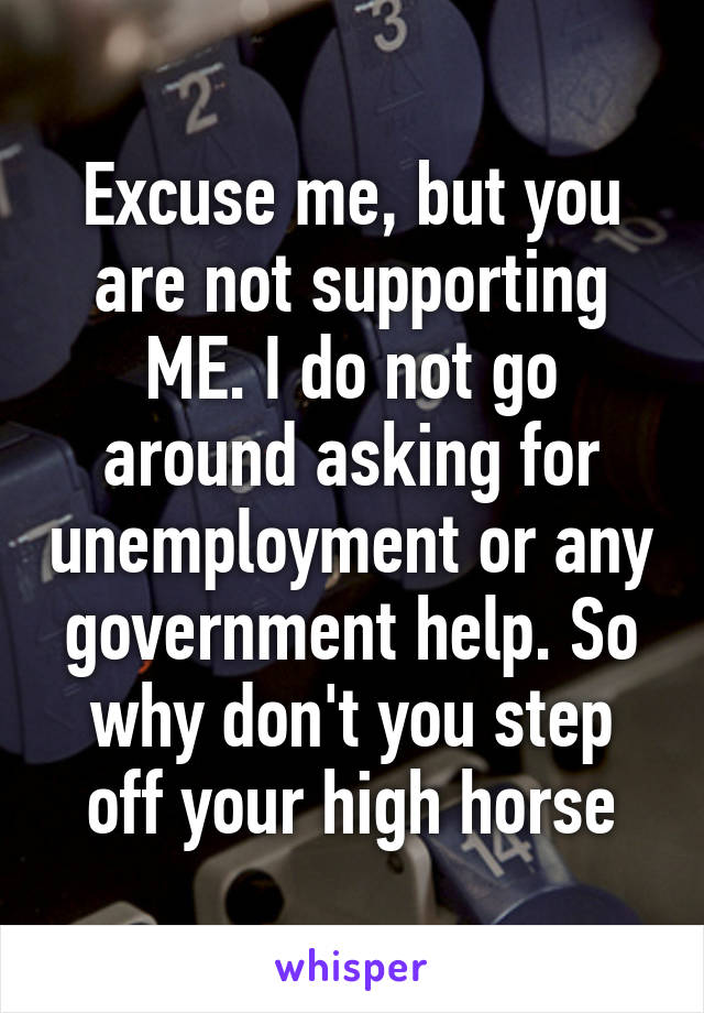 Excuse me, but you are not supporting ME. I do not go around asking for unemployment or any government help. So why don't you step off your high horse