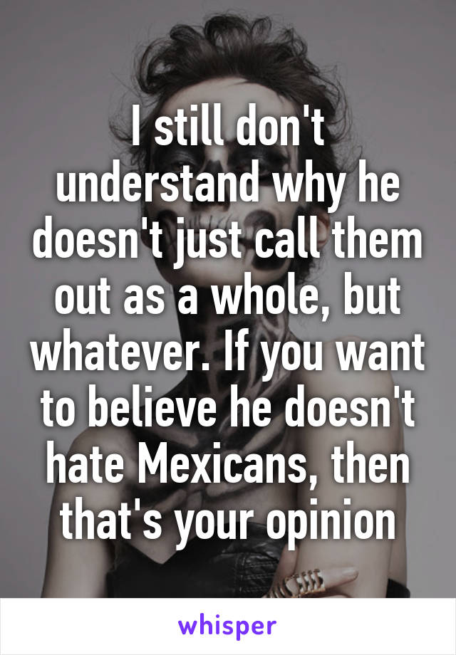 I still don't understand why he doesn't just call them out as a whole, but whatever. If you want to believe he doesn't hate Mexicans, then that's your opinion