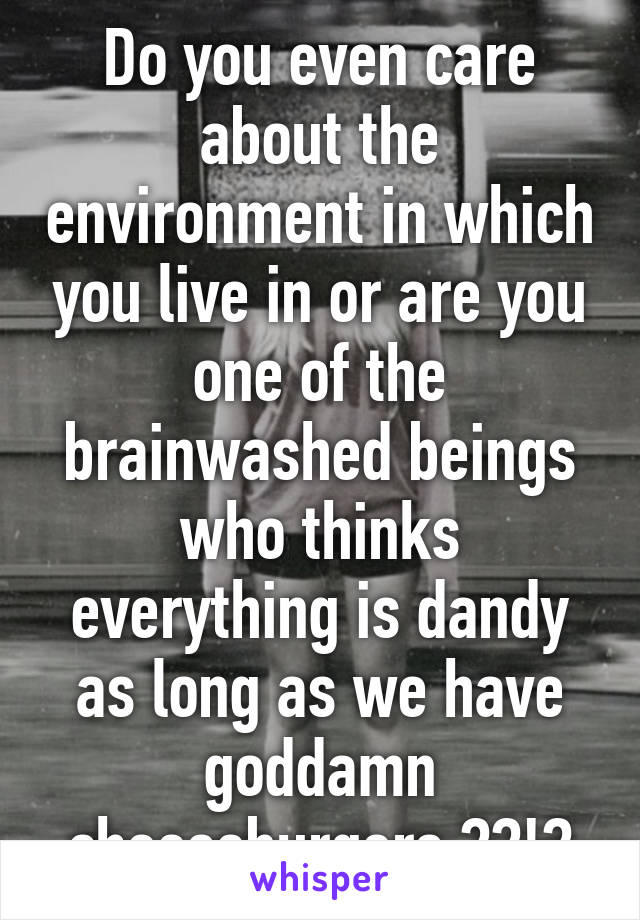 Do you even care about the environment in which you live in or are you one of the brainwashed beings who thinks everything is dandy as long as we have goddamn cheeseburgers ??!?