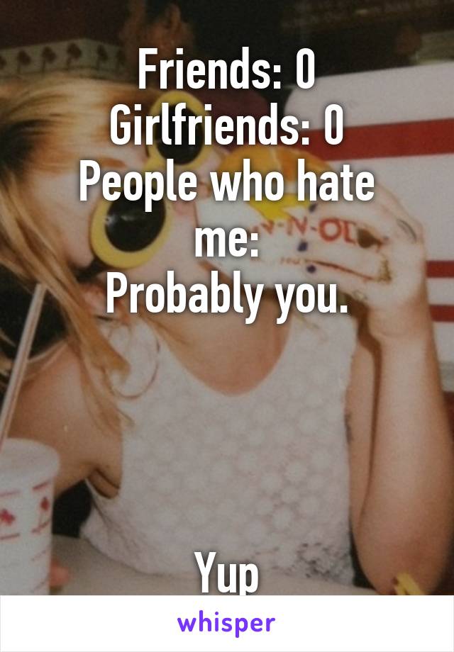 Friends: 0
Girlfriends: 0
People who hate me:
Probably you.




Yup