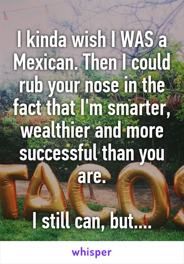 I kinda wish I WAS a Mexican. Then I could rub your nose in the fact that I'm smarter, wealthier and more successful than you are.

I still can, but....