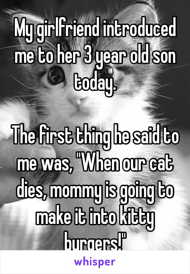 My girlfriend introduced me to her 3 year old son today. 

The first thing he said to me was, "When our cat dies, mommy is going to make it into kitty burgers!"