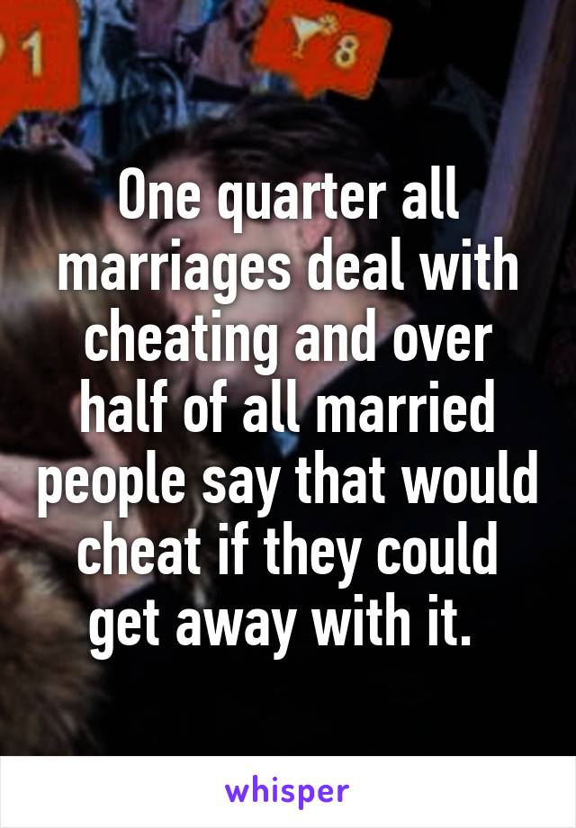 One quarter all marriages deal with cheating and over half of all married people say that would cheat if they could get away with it. 