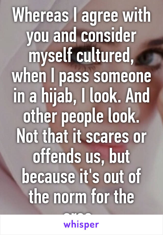 Whereas I agree with you and consider myself cultured, when I pass someone in a hijab, I look. And other people look. Not that it scares or offends us, but because it's out of the norm for the area. 