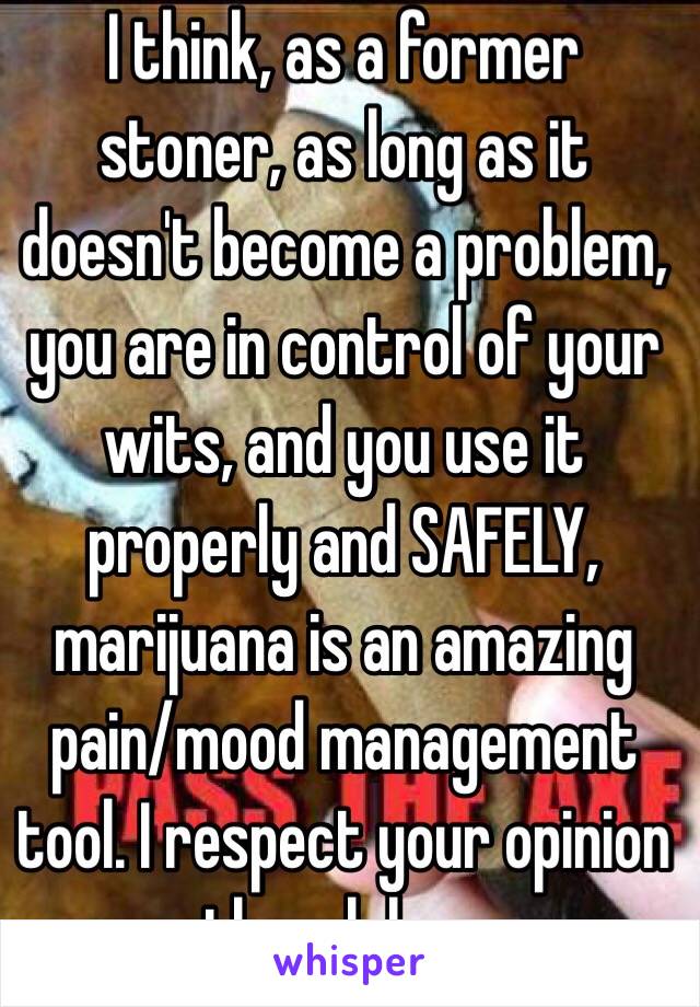 I think, as a former stoner, as long as it doesn't become a problem, you are in control of your wits, and you use it properly and SAFELY, marijuana is an amazing pain/mood management tool. I respect your opinion though bro.