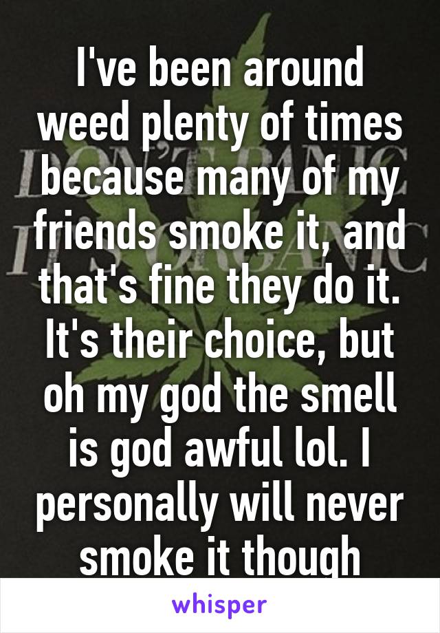 I've been around weed plenty of times because many of my friends smoke it, and that's fine they do it. It's their choice, but oh my god the smell is god awful lol. I personally will never smoke it though