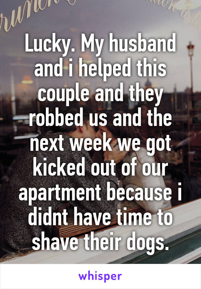 Lucky. My husband and i helped this couple and they robbed us and the next week we got kicked out of our apartment because i didnt have time to shave their dogs.