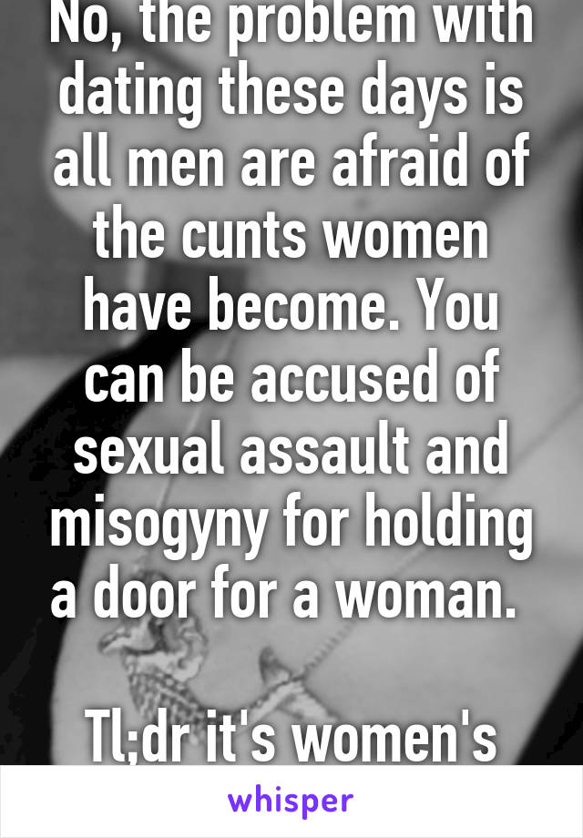 No, the problem with dating these days is all men are afraid of the cunts women have become. You can be accused of sexual assault and misogyny for holding a door for a woman. 

Tl;dr it's women's fault 