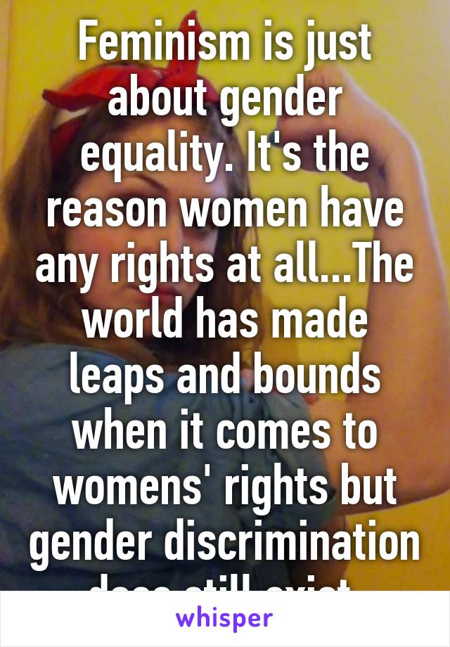 Feminism is just about gender equality. It's the reason women have any rights at all...The world has made leaps and bounds when it comes to womens' rights but gender discrimination does still exist.