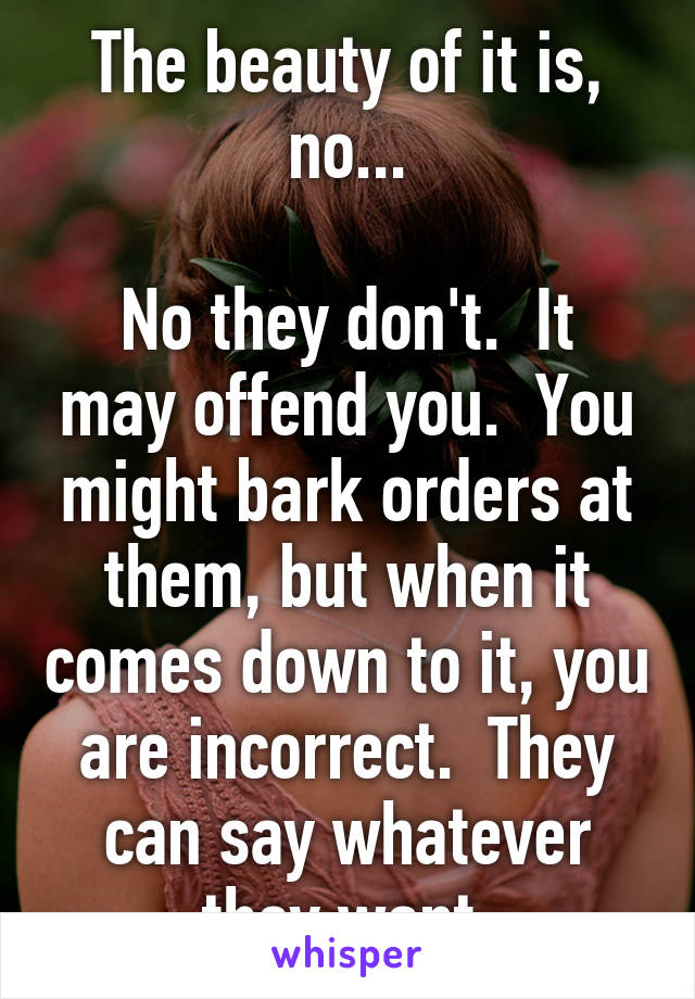 The beauty of it is, no...

No they don't.  It may offend you.  You might bark orders at them, but when it comes down to it, you are incorrect.  They can say whatever they want.