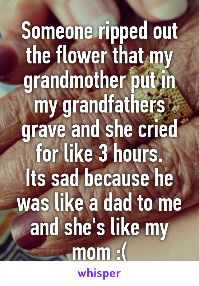 Someone ripped out the flower that my grandmother put in my grandfathers grave and she cried for like 3 hours.
Its sad because he was like a dad to me and she's like my mom :(