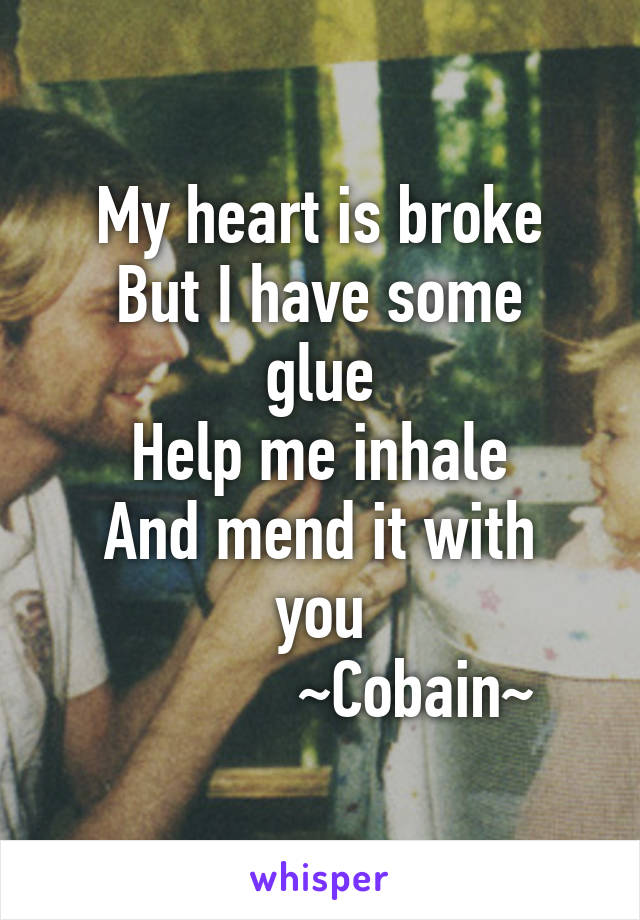 My heart is broke
But I have some glue
Help me inhale
And mend it with you
            ~Cobain~