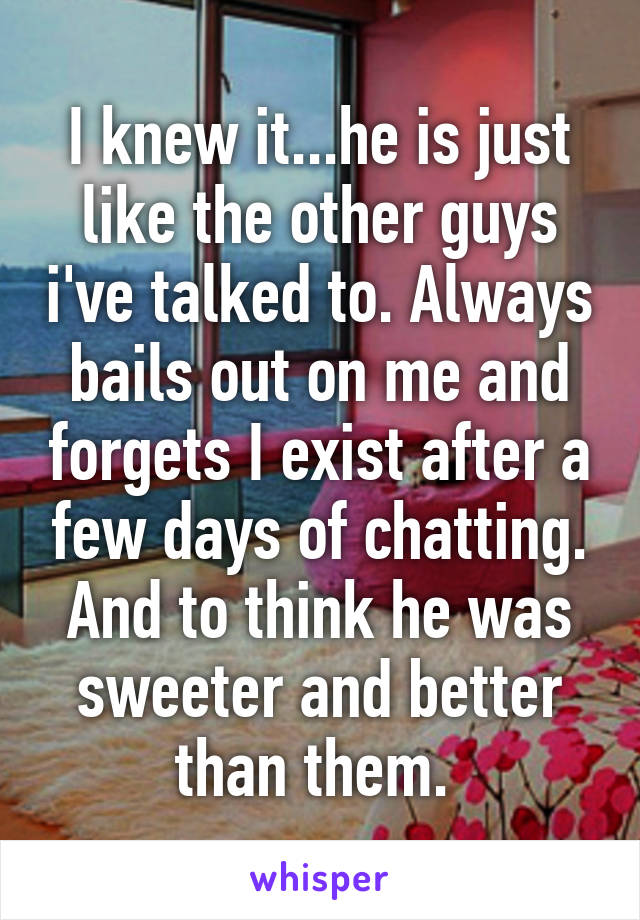 I knew it...he is just like the other guys i've talked to. Always bails out on me and forgets I exist after a few days of chatting. And to think he was sweeter and better than them. 
