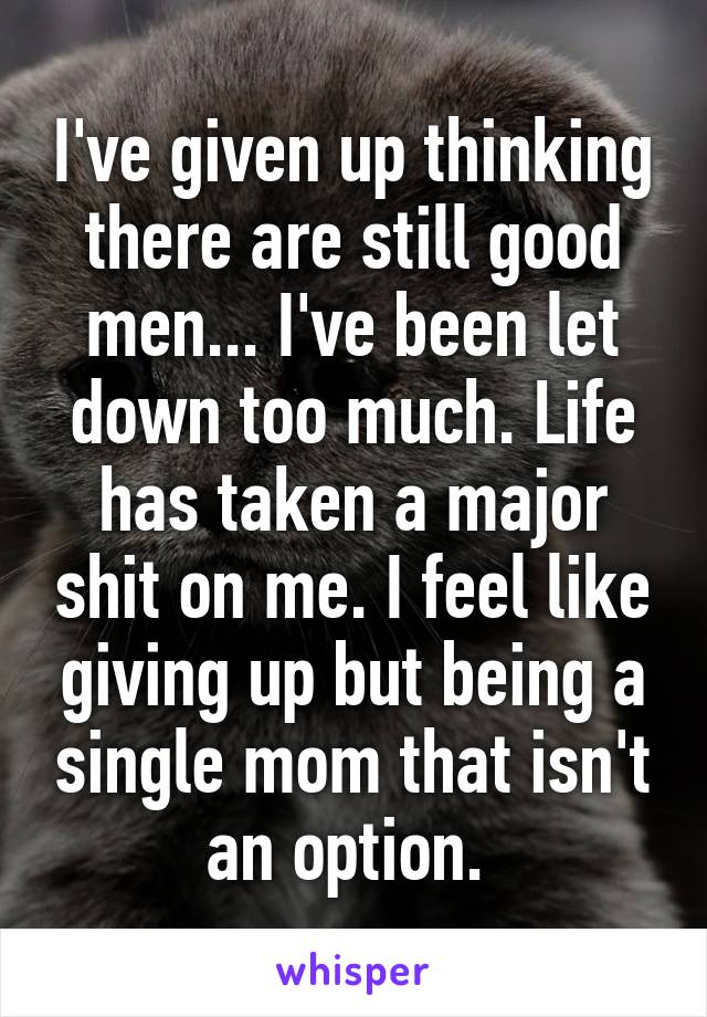 I've given up thinking there are still good men... I've been let down too much. Life has taken a major shit on me. I feel like giving up but being a single mom that isn't an option. 