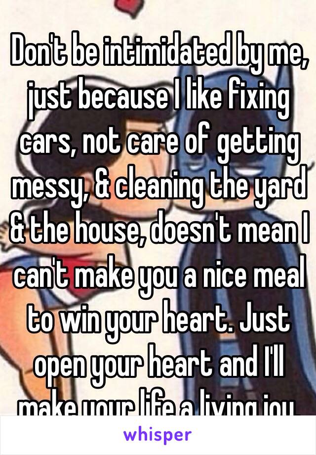 Don't be intimidated by me, just because I like fixing cars, not care of getting messy, & cleaning the yard & the house, doesn't mean I can't make you a nice meal to win your heart. Just open your heart and I'll make your life a living joy. 