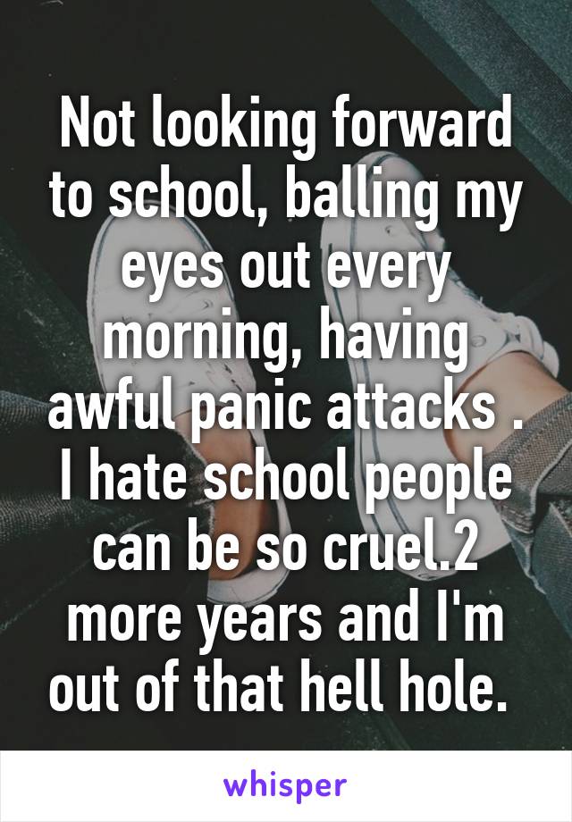 Not looking forward to school, balling my eyes out every morning, having awful panic attacks . I hate school people can be so cruel.2 more years and I'm out of that hell hole. 