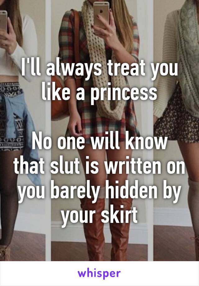 I'll always treat you like a princess

No one will know that slut is written on you barely hidden by your skirt