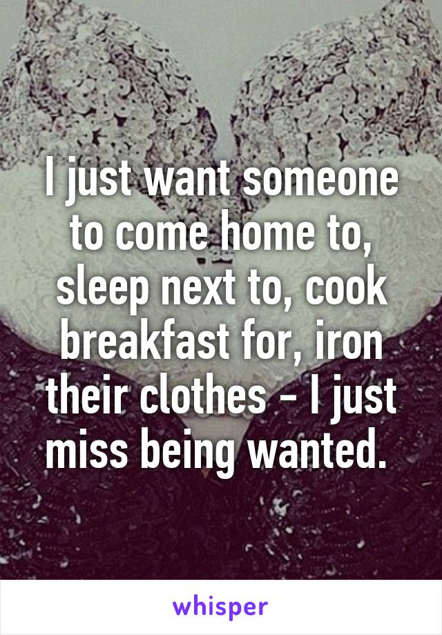 I just want someone to come home to, sleep next to, cook breakfast for, iron their clothes - I just miss being wanted. 
