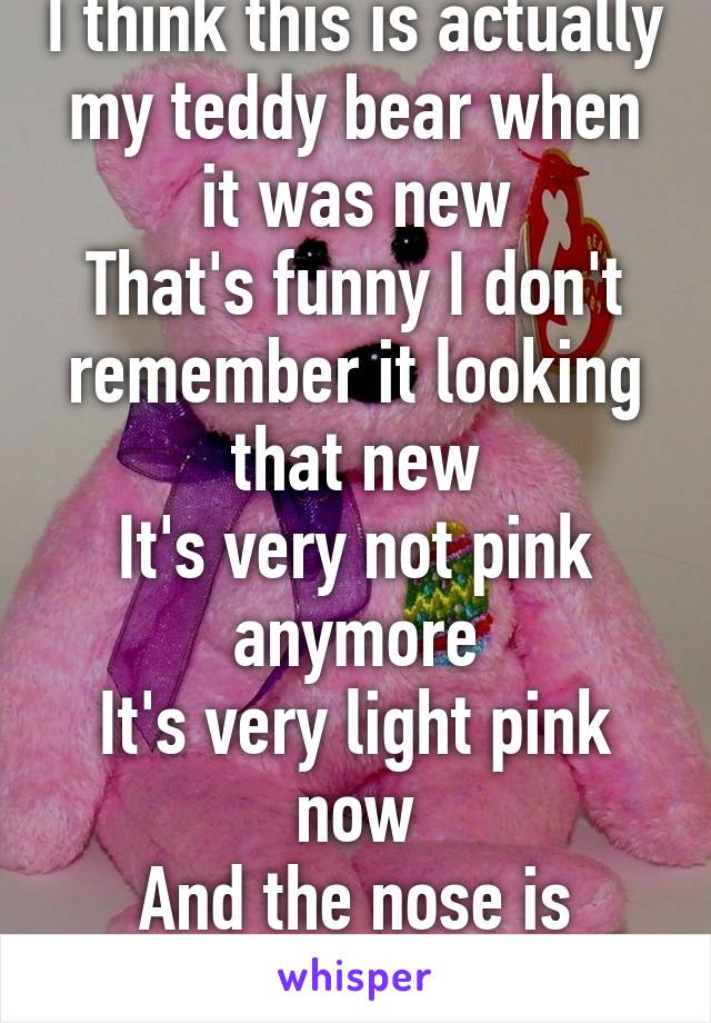 I think this is actually my teddy bear when it was new
That's funny I don't remember it looking that new
It's very not pink anymore
It's very light pink now
And the nose is messed up