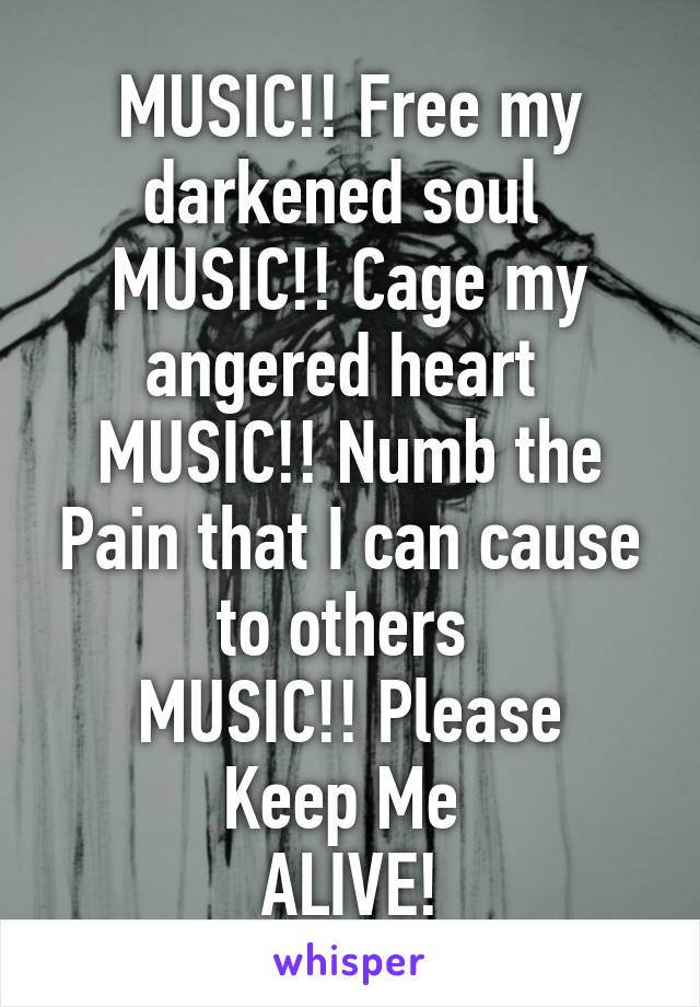 MUSIC!! Free my darkened soul 
MUSIC!! Cage my angered heart 
MUSIC!! Numb the Pain that I can cause to others 
MUSIC!! Please Keep Me 
ALIVE!