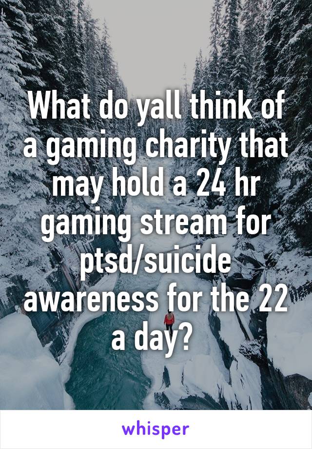 What do yall think of a gaming charity that may hold a 24 hr gaming stream for ptsd/suicide awareness for the 22 a day? 