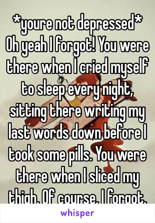 *youre not depressed*
Oh yeah I forgot! You were there when I cried myself to sleep every night, sitting there writing my last words down before I took some pills. You were there when I sliced my thigh. Of course, I forgot.