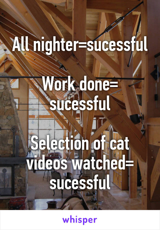 All nighter=sucessful

Work done= sucessful

Selection of cat videos watched= sucessful