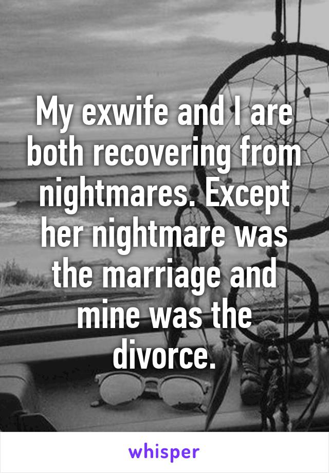 My exwife and I are both recovering from nightmares. Except her nightmare was the marriage and mine was the divorce.