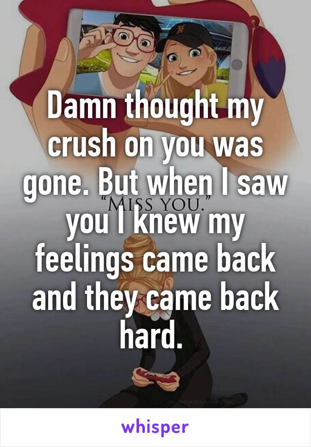 Damn thought my crush on you was gone. But when I saw you I knew my feelings came back and they came back hard. 