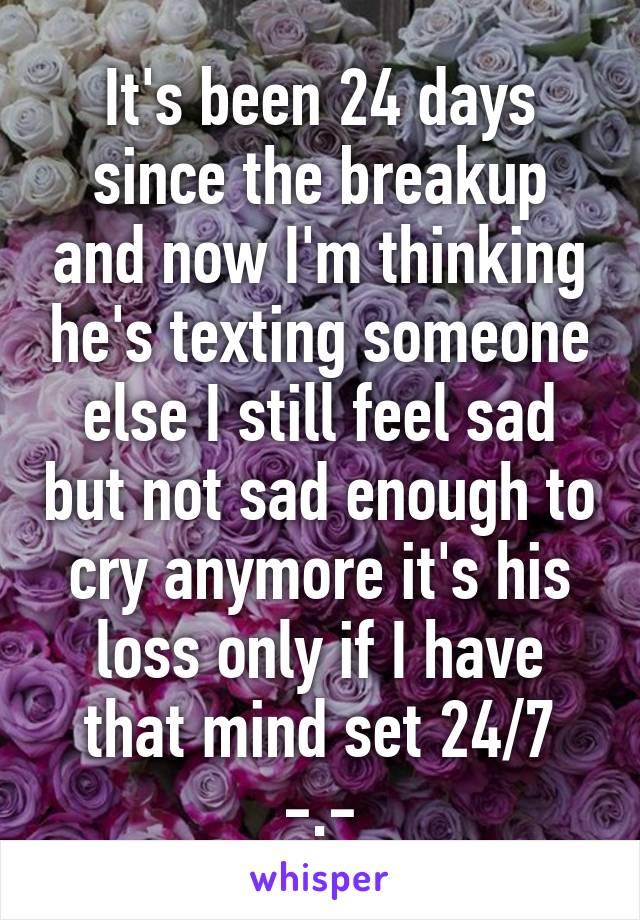It's been 24 days since the breakup and now I'm thinking he's texting someone else I still feel sad but not sad enough to cry anymore it's his loss only if I have that mind set 24/7 -.-
