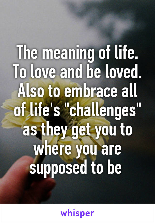 The meaning of life. To love and be loved. Also to embrace all of life's "challenges" as they get you to where you are supposed to be 