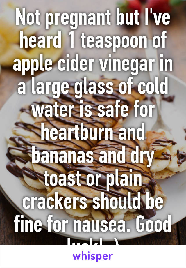 Not pregnant but I've heard 1 teaspoon of apple cider vinegar in a large glass of cold water is safe for heartburn and bananas and dry toast or plain crackers should be fine for nausea. Good luck! :)