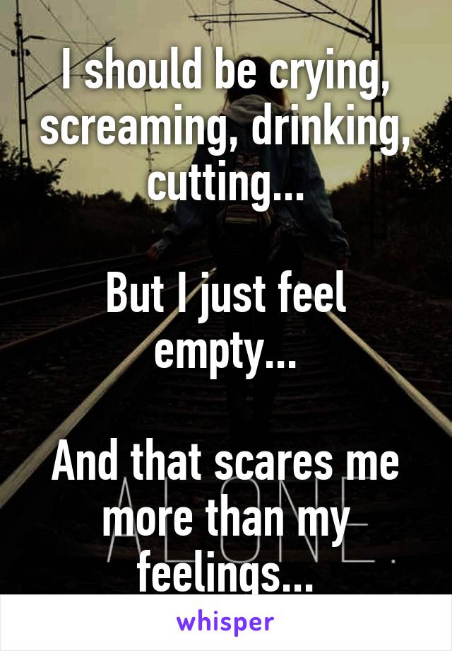 I should be crying, screaming, drinking, cutting...

But I just feel empty...

And that scares me more than my feelings...