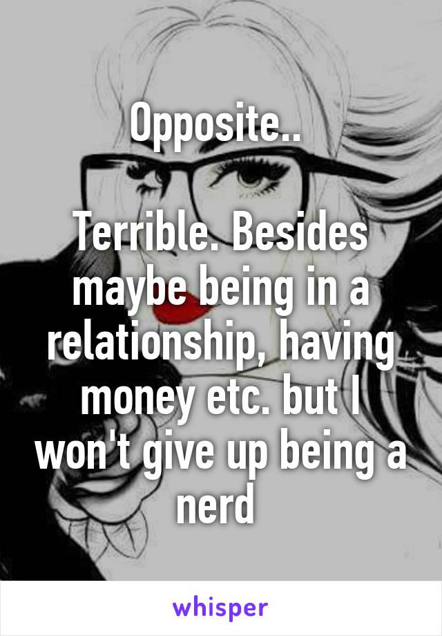 Opposite.. 

Terrible. Besides maybe being in a relationship, having money etc. but I won't give up being a nerd 